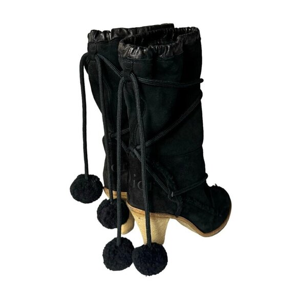 DIOR Boots Sz.9.5 Black Suede Shearling High Heel Pom Pom Drawstrings Fur Trim - Picture 9 of 16